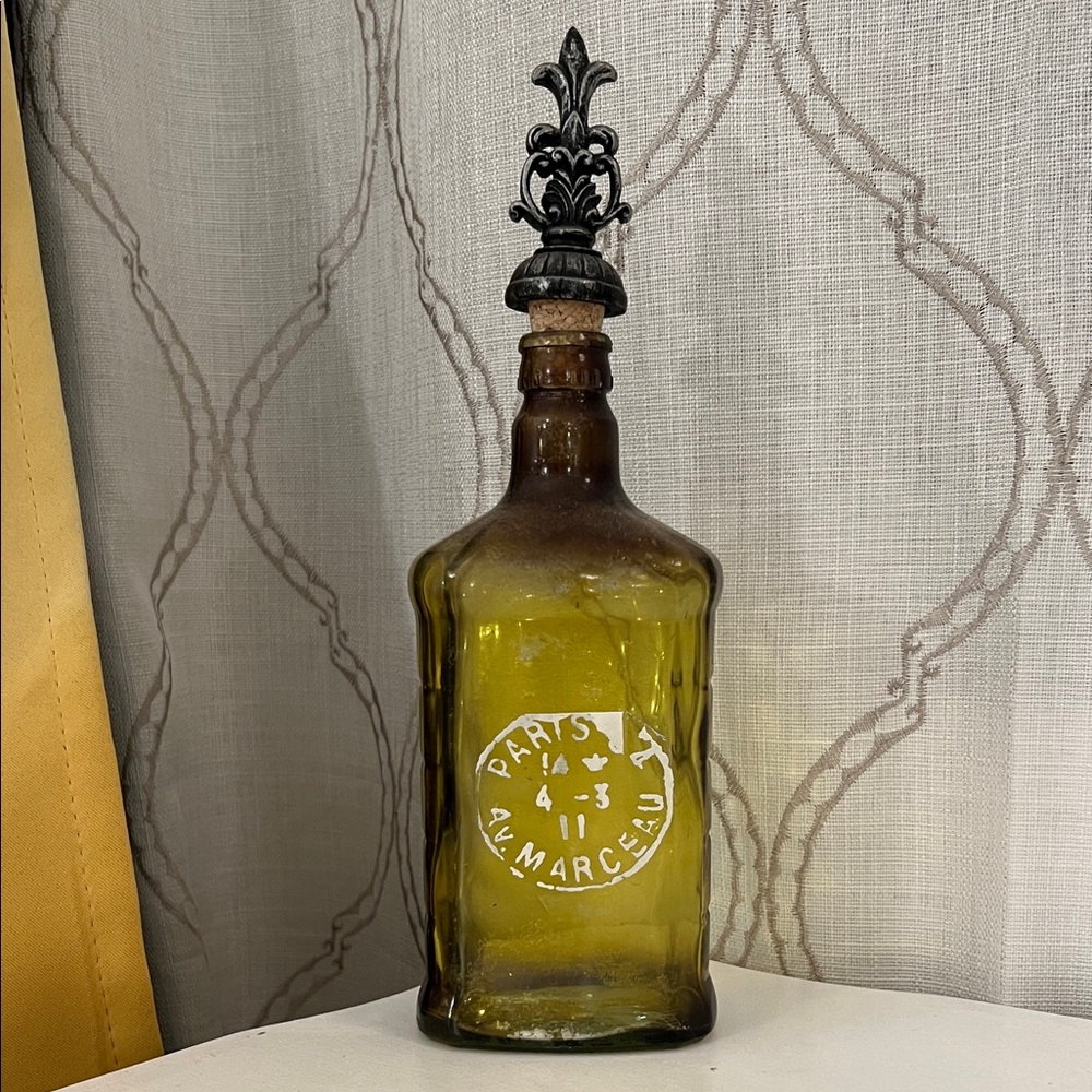Decorative Green / Dark Olive Glass Bottle Arudin PARIS design w.Ornate Stopper